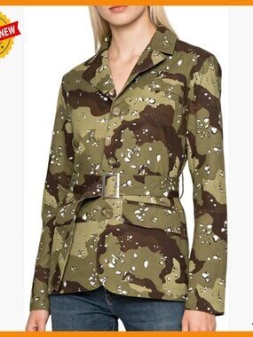 Oversized Camo Denim Blazer Jacket Long Sleeve Button Down Belted